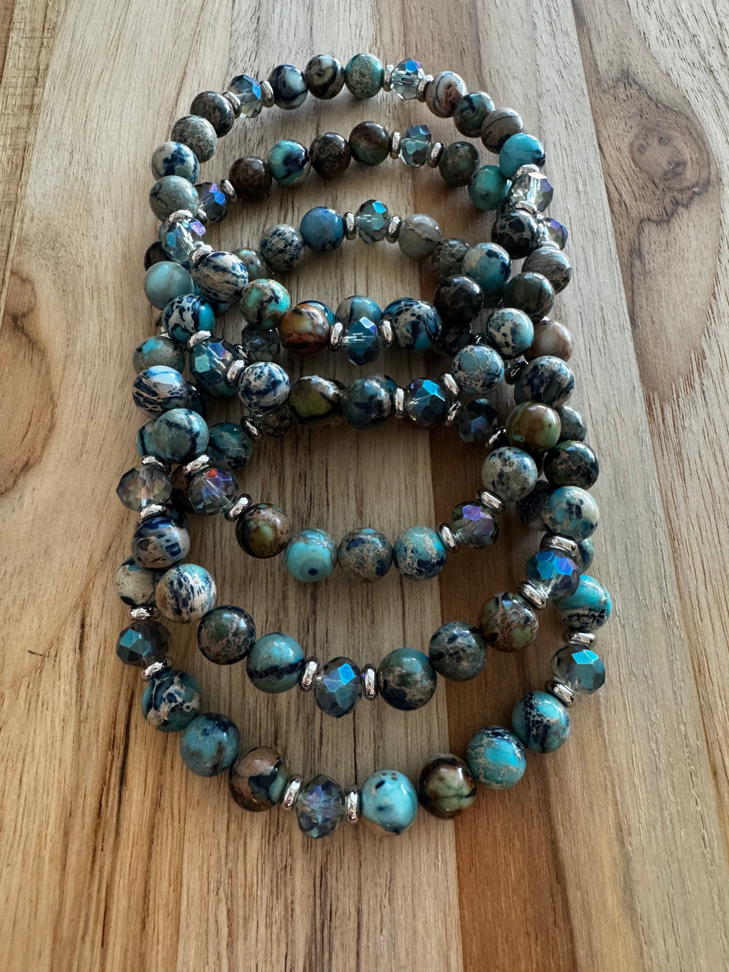 Dark Sky Blue Sea Sediment Jasper Stretch Bracelet with Crystal and Stainless Steel