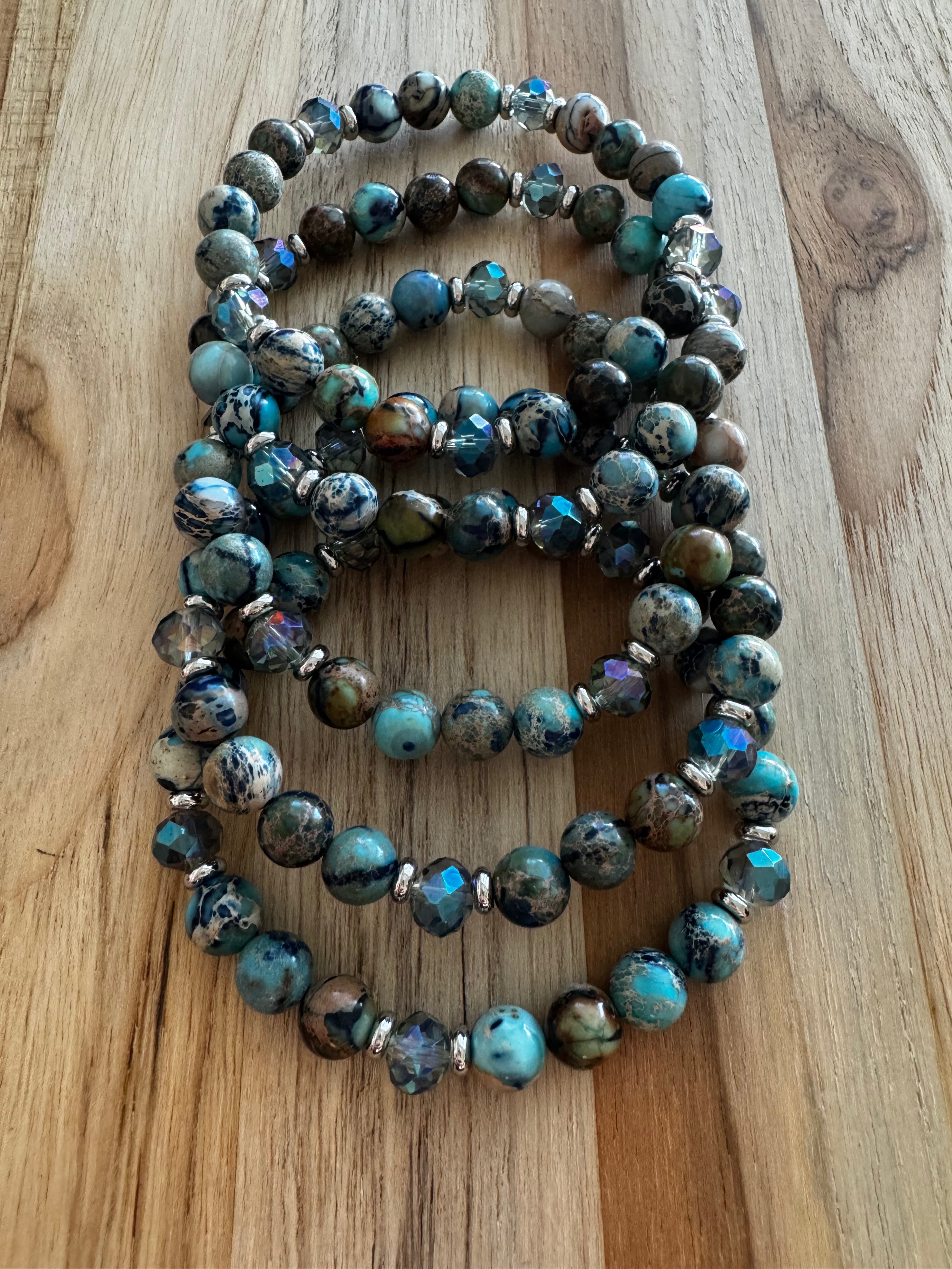 Dark Sky Blue Sea Sediment Jasper Stretch Bracelet with Crystal and Stainless Steel