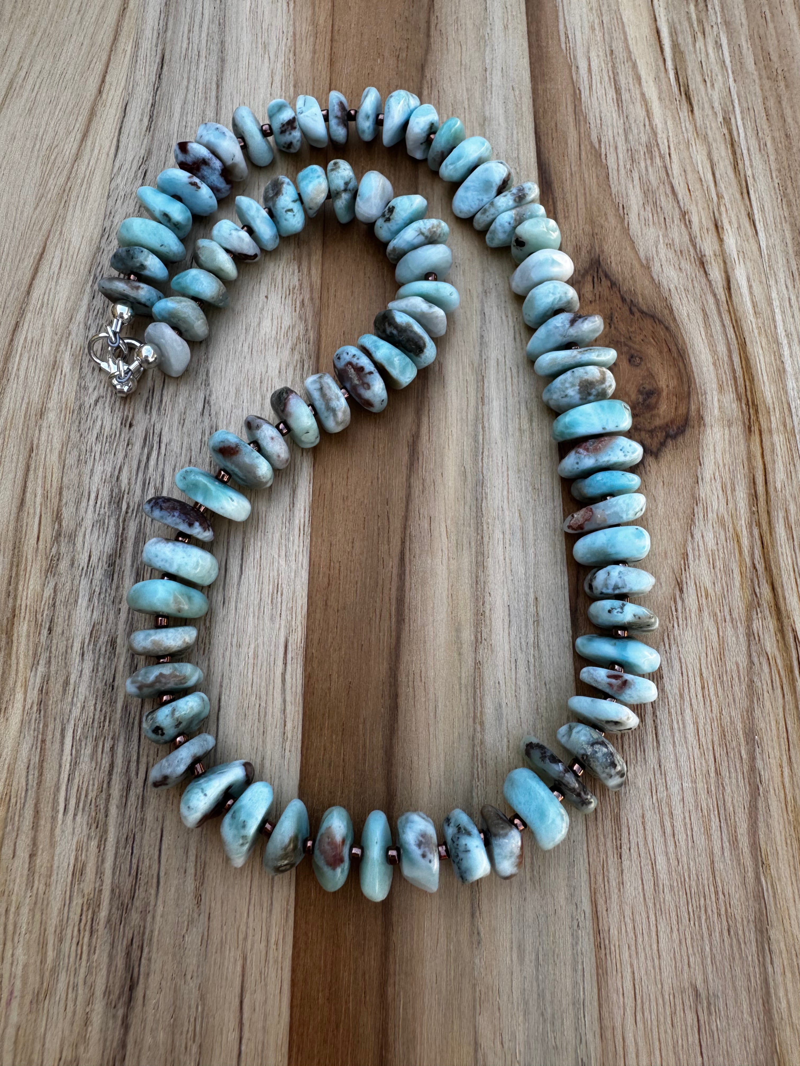 Short Larimar Tumbled Chip Bead Necklace ~ Sterling Silver