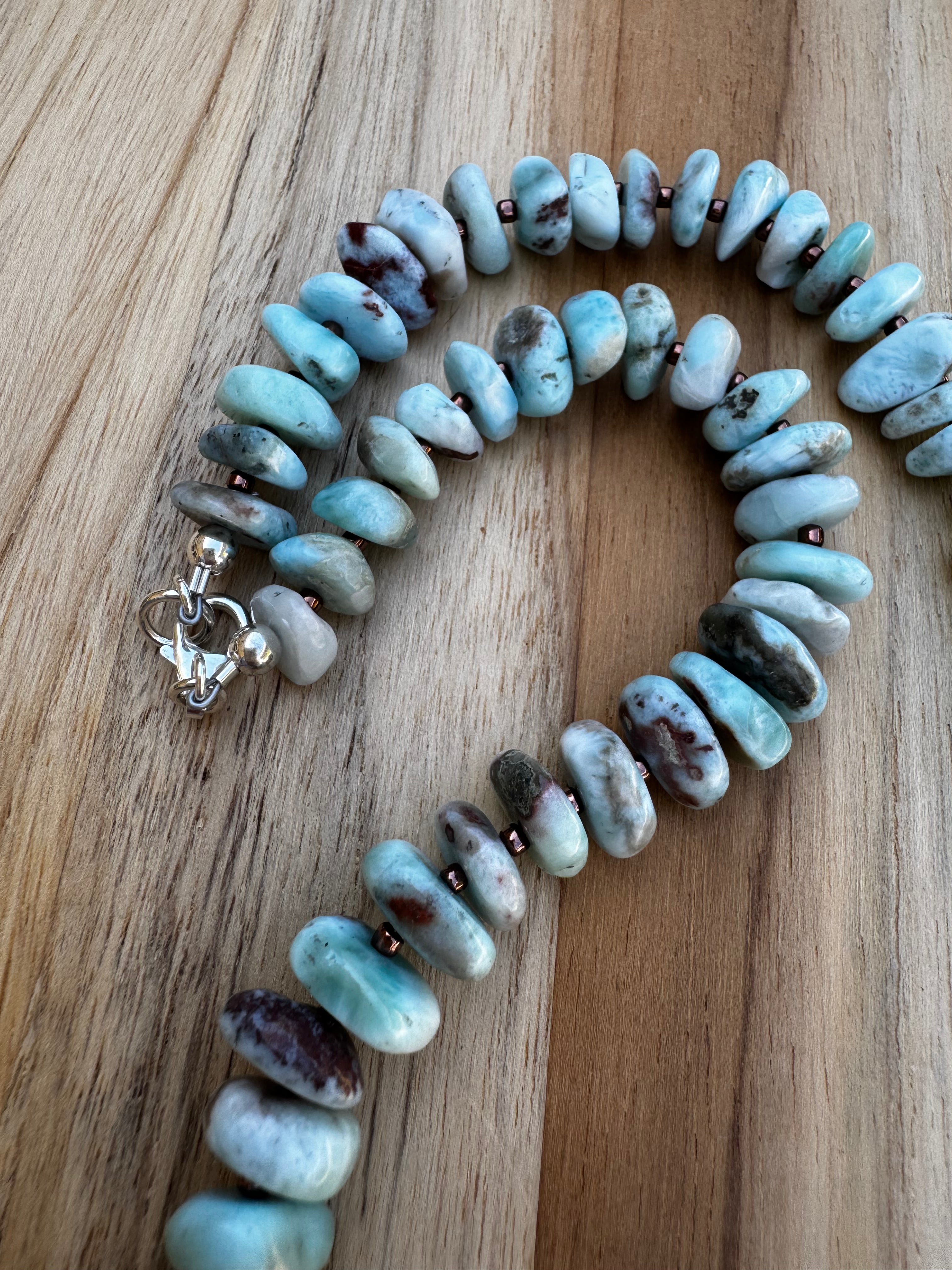 Short Larimar Tumbled Chip Bead Necklace ~ Sterling Silver