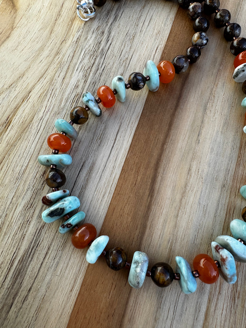 16” Larimar Necklace with Orange Jade and Jasper Beads ~ Sterling Silver