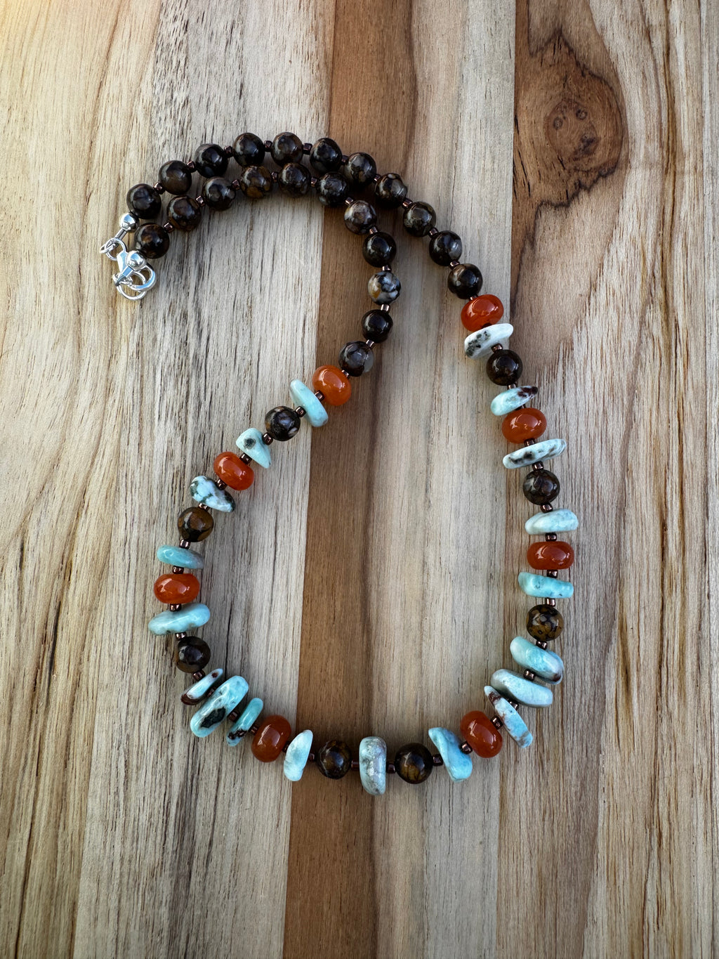 16” Larimar Necklace with Orange Jade and Jasper Beads ~ Sterling Silver