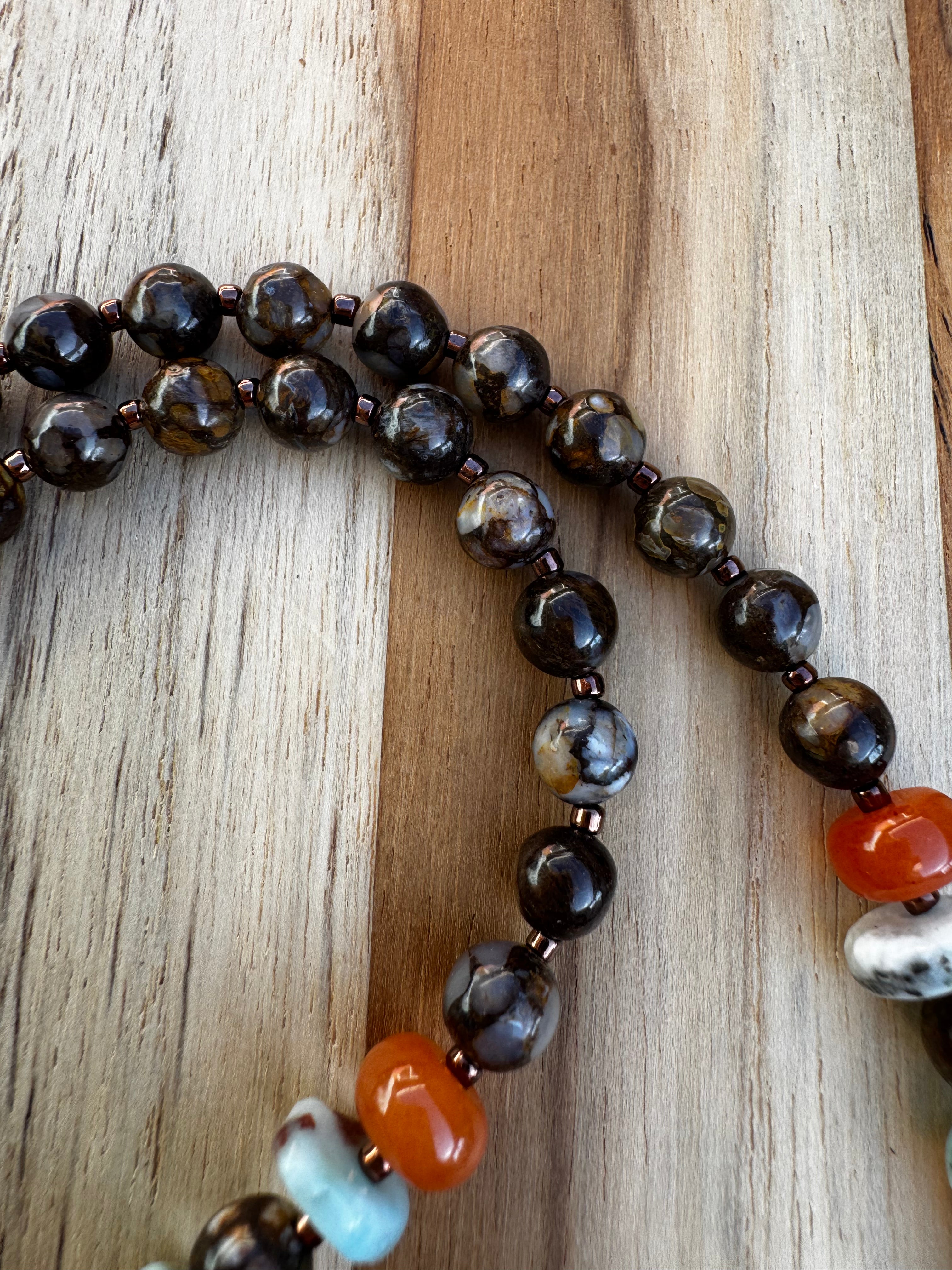 16” Larimar Necklace with Orange Jade and Jasper Beads ~ Sterling Silver