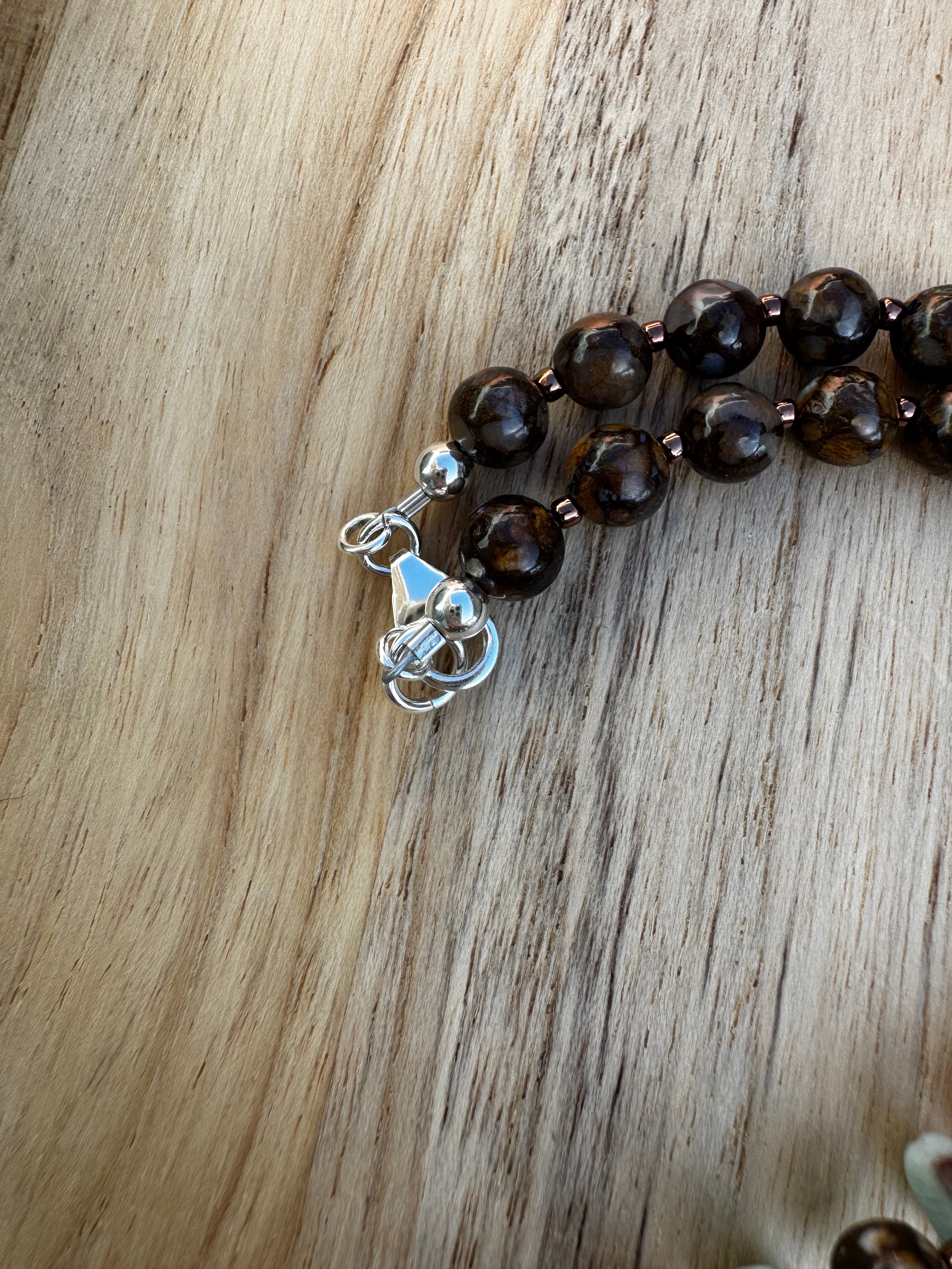 16” Larimar Necklace with Orange Jade and Jasper Beads ~ Sterling Silver