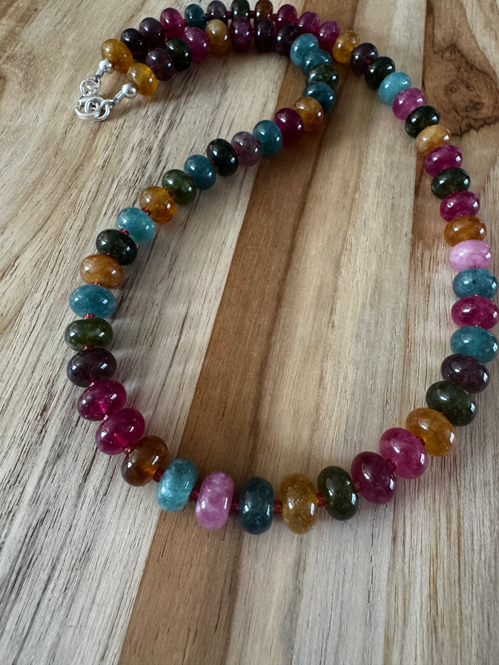 18” Tourmaline Colored Jade Stone Candy Rondelle Beaded Necklace ~ Sterling Silver