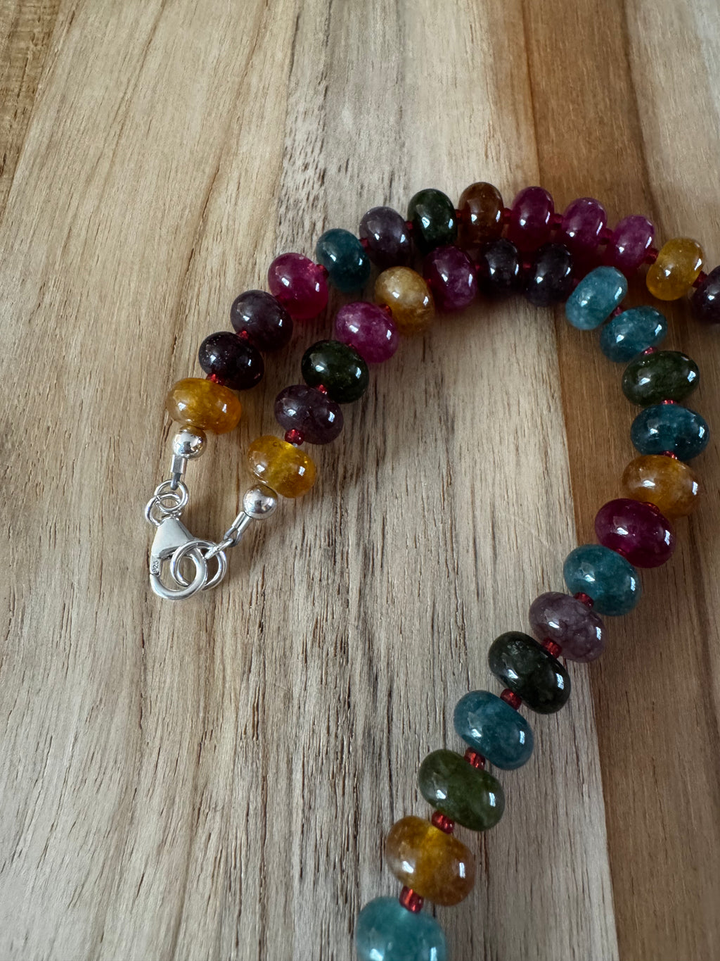 18” Tourmaline Colored Jade Stone Candy Rondelle Beaded Necklace ~ Sterling Silver