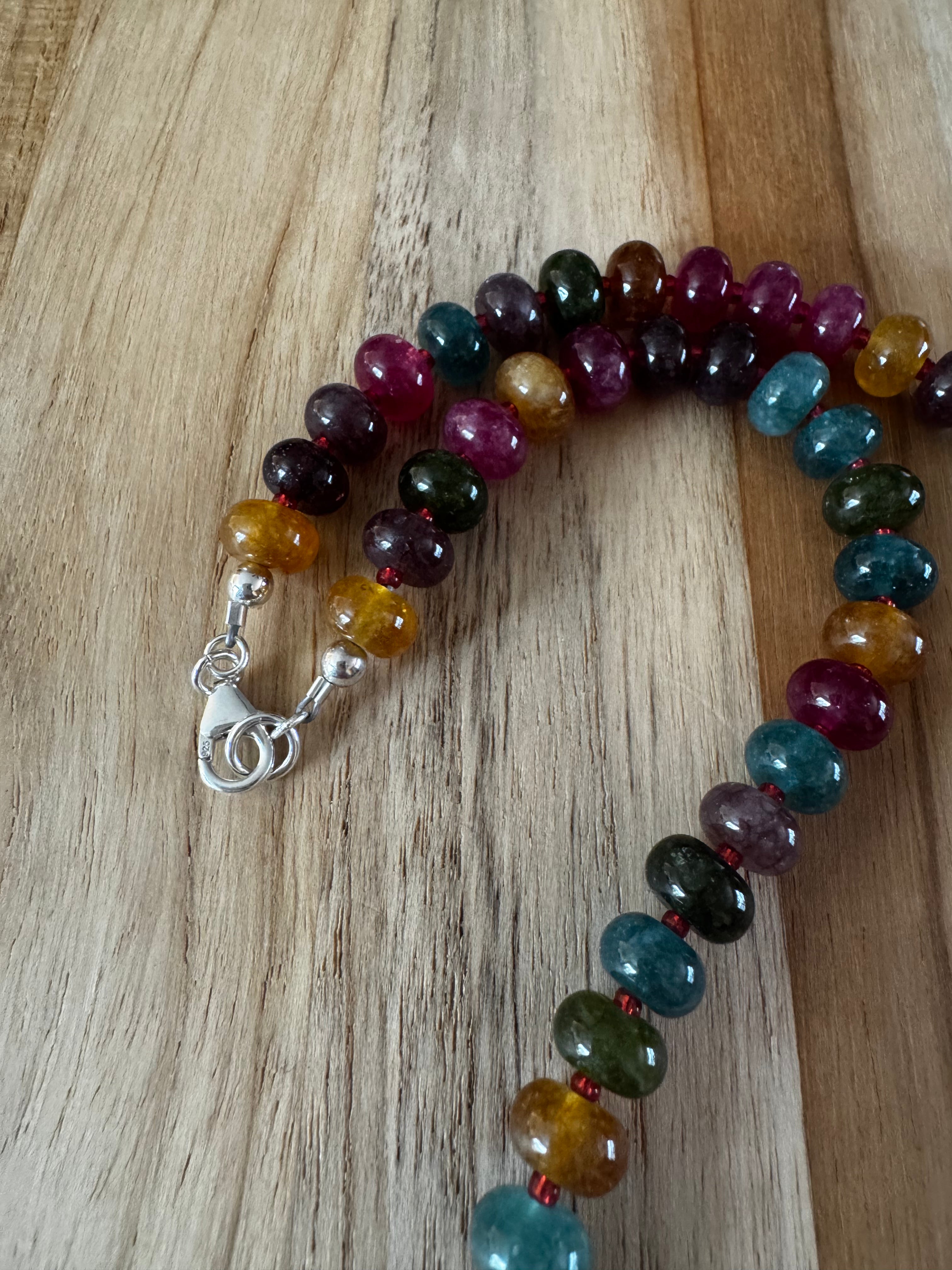 18” Tourmaline Colored Jade Stone Candy Rondelle Beaded Necklace ~ Sterling Silver