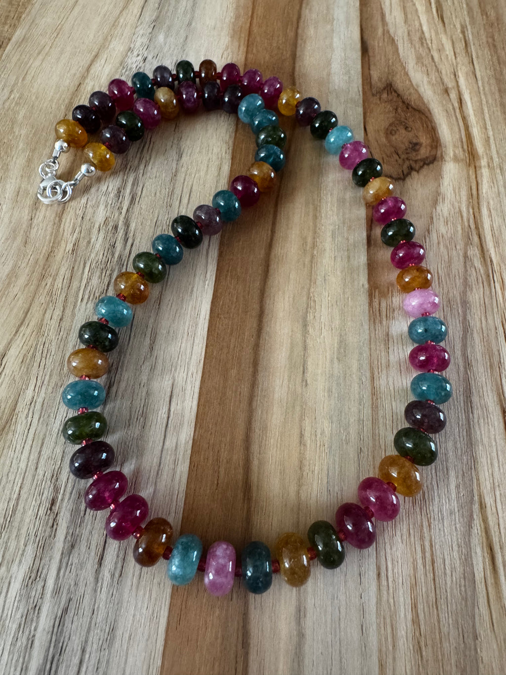 18” Tourmaline Colored Jade Stone Candy Rondelle Beaded Necklace ~ Sterling Silver
