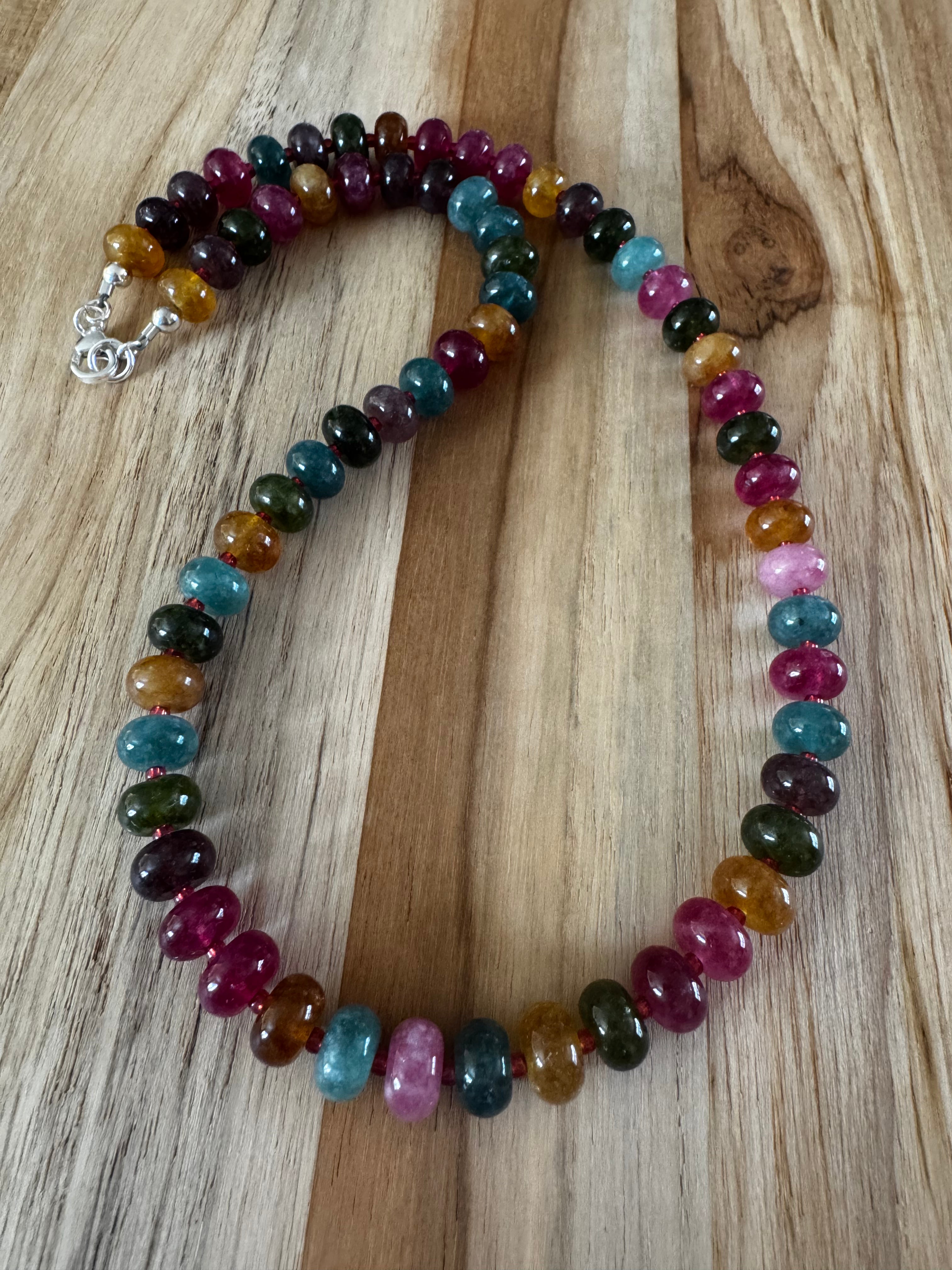 18” Tourmaline Colored Jade Stone Candy Rondelle Beaded Necklace ~ Sterling Silver