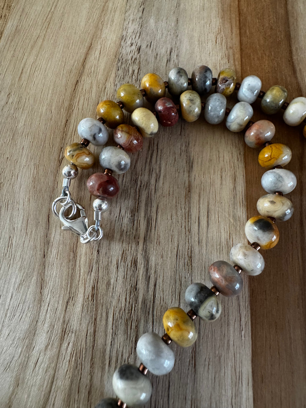 Crazy Lace Agate Rondelle Beaded Necklace ~ Sterling Silver