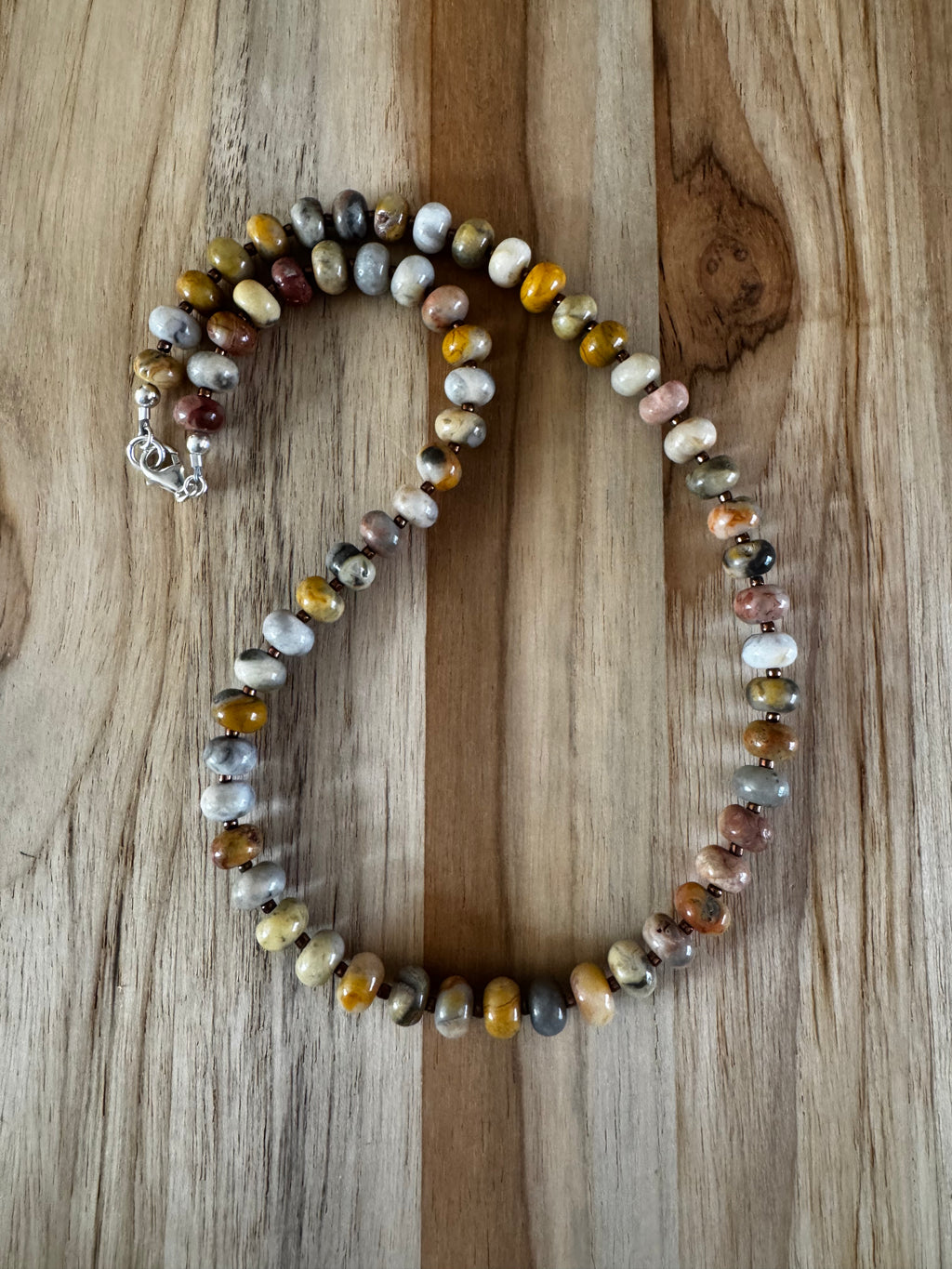 Crazy Lace Agate Rondelle Beaded Necklace ~ Sterling Silver