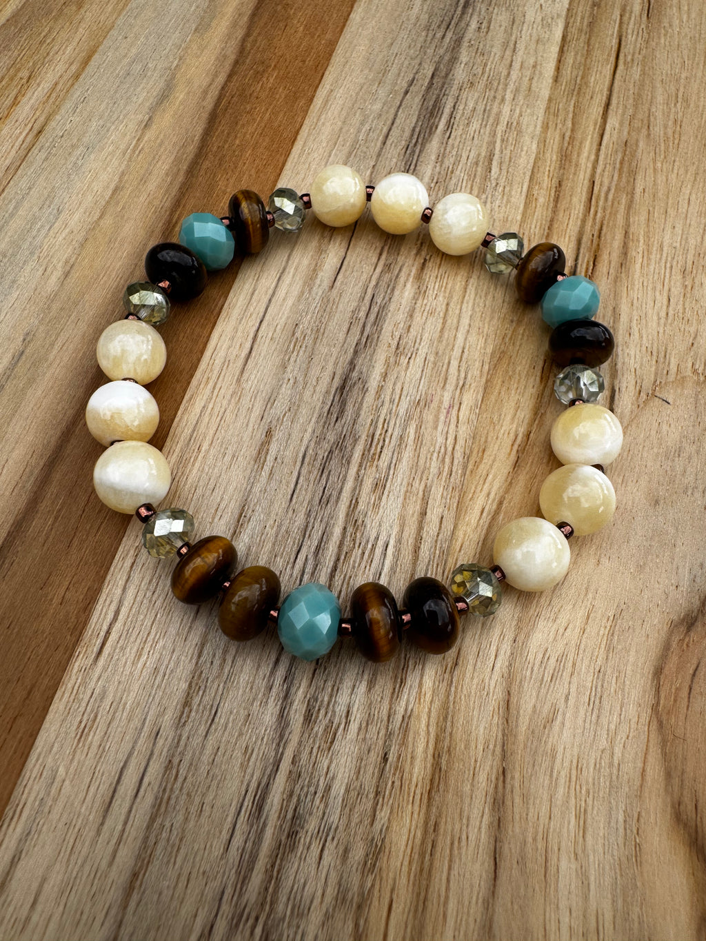 Yellow Jade, Tigereye and Crystal Beaded Stretch Bracelet ~ 7”