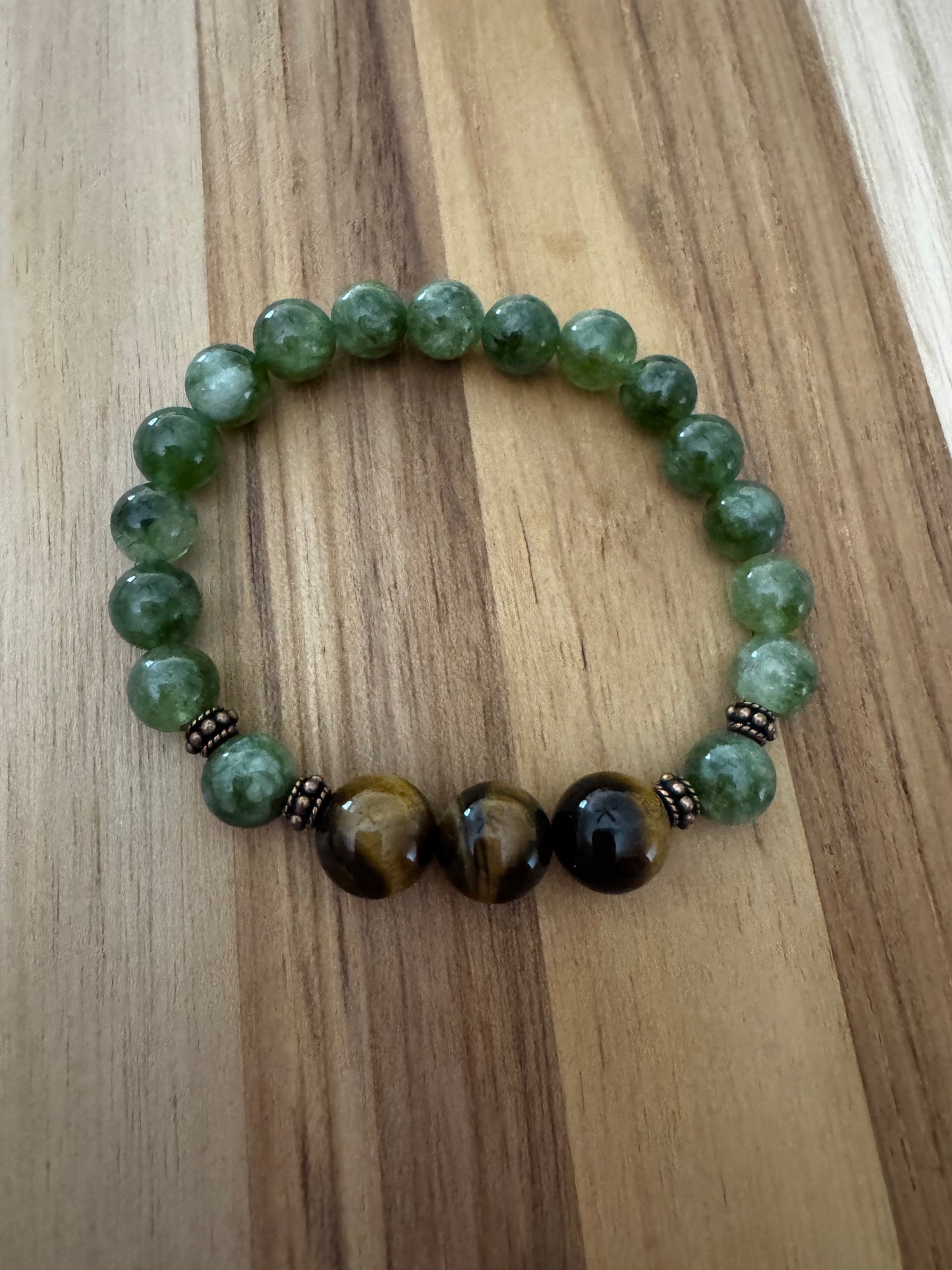 Green Jade Stretch Bracelet with Tigereye and Copper Accents ~ 6.5”