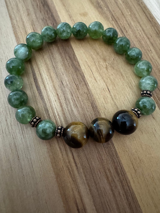 Green Jade Stretch Bracelet with Tigereye and Copper Accents ~ 6.5”