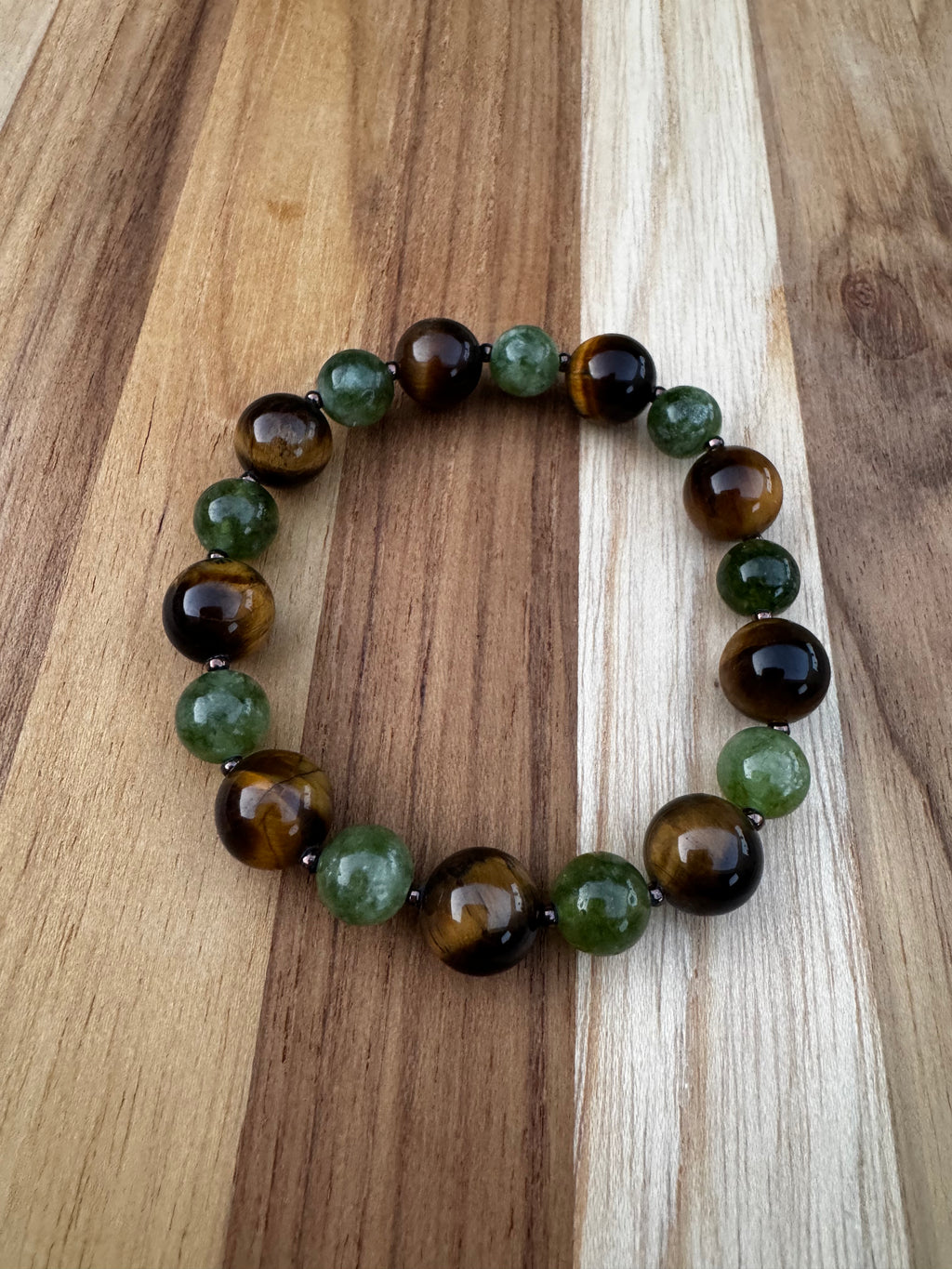 Green Jade and Tigereye Beaded Stretch Bracelet ~ 6.5”