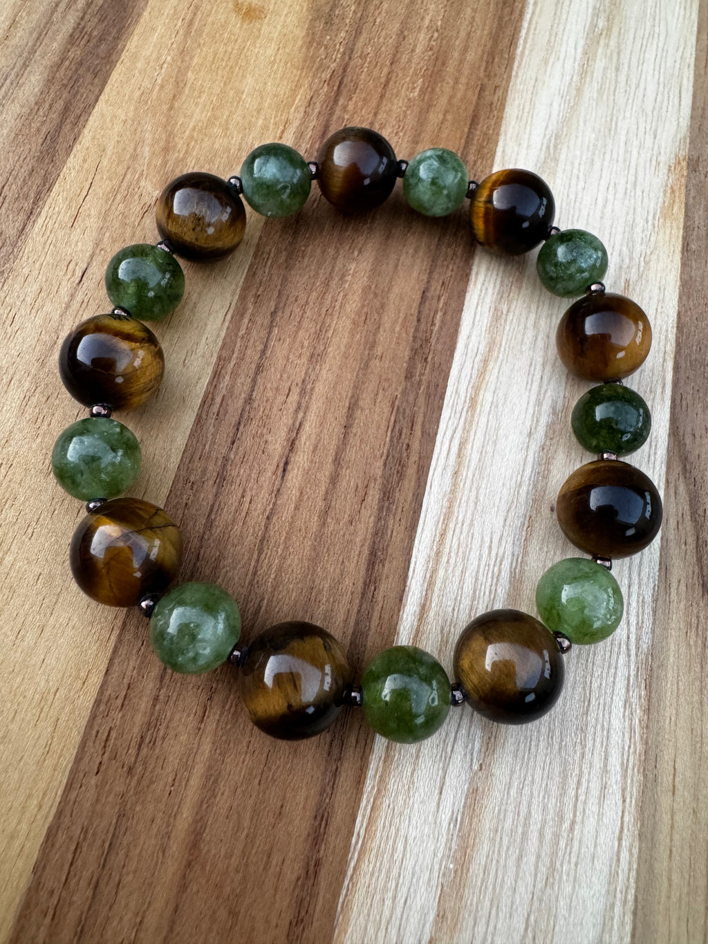 Green Jade and Tigereye Beaded Stretch Bracelet ~ 6.5”
