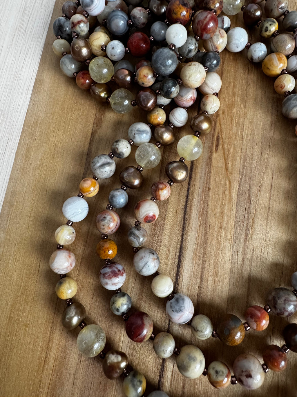 62” Extra Long Wraparound Style Crazy Lace Agate Beaded Necklace with Pearl and Quartz Accents