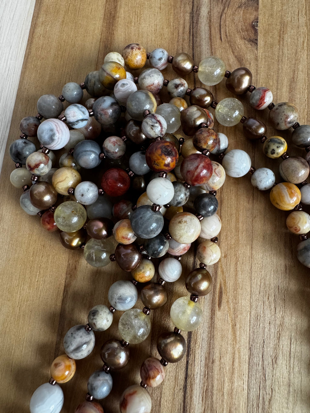 62” Extra Long Wraparound Style Crazy Lace Agate Beaded Necklace with Pearl and Quartz Accents