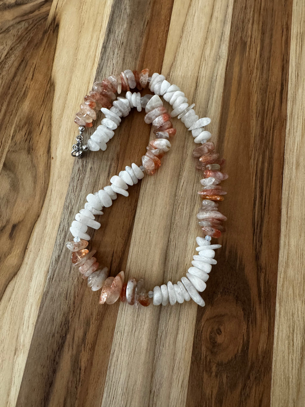 Surfer Style Necklace with Sunstone and Moonstone Chip Beads ~ Stainless Steel