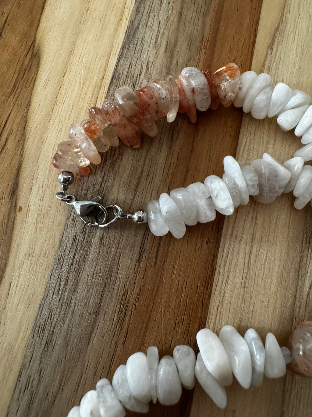 Surfer Style Necklace with Sunstone and Moonstone Chip Beads ~ Stainless Steel