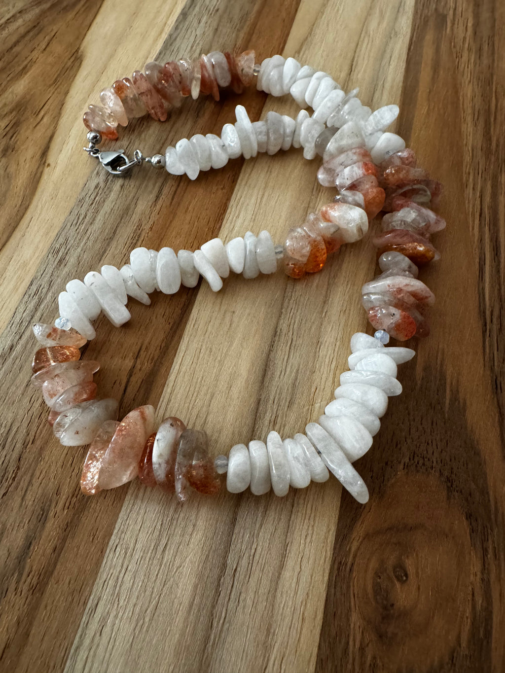 Surfer Style Necklace with Sunstone and Moonstone Chip Beads ~ Stainless Steel