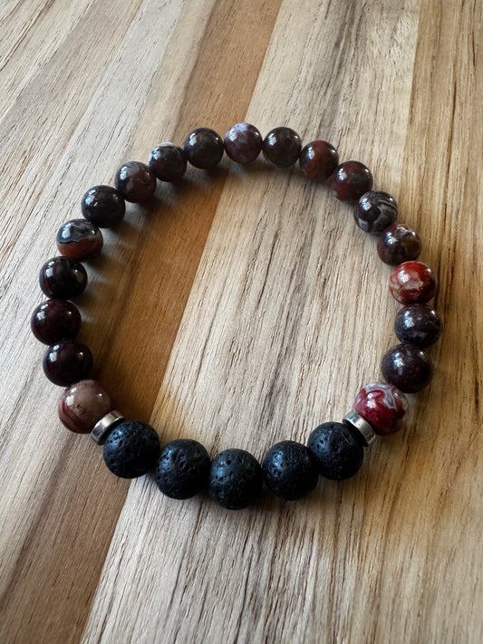 Unisex/Men’s Aromatherapy Stretch Bracelet with Red Crazy Lace Agate and Black Lava Stone ~ 7.5”