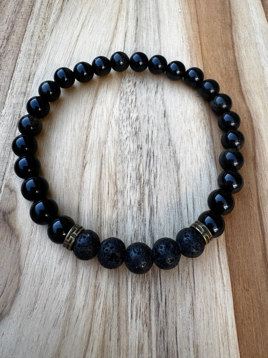 Men’s Aromatherapy Stretch Bracelet with Gold Sheen Black Obsidian and Black Lava Stone ~ 9” Custom