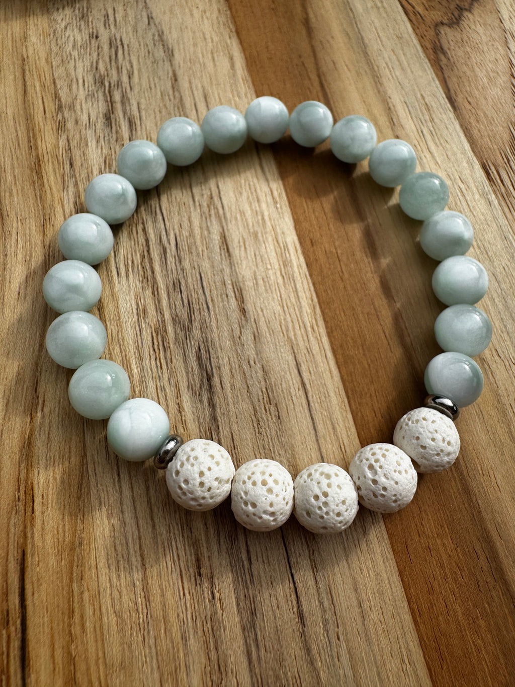 Mint Green Moonstone Aromatherapy Stretch Bracelet with Lava Stone ~ 7”