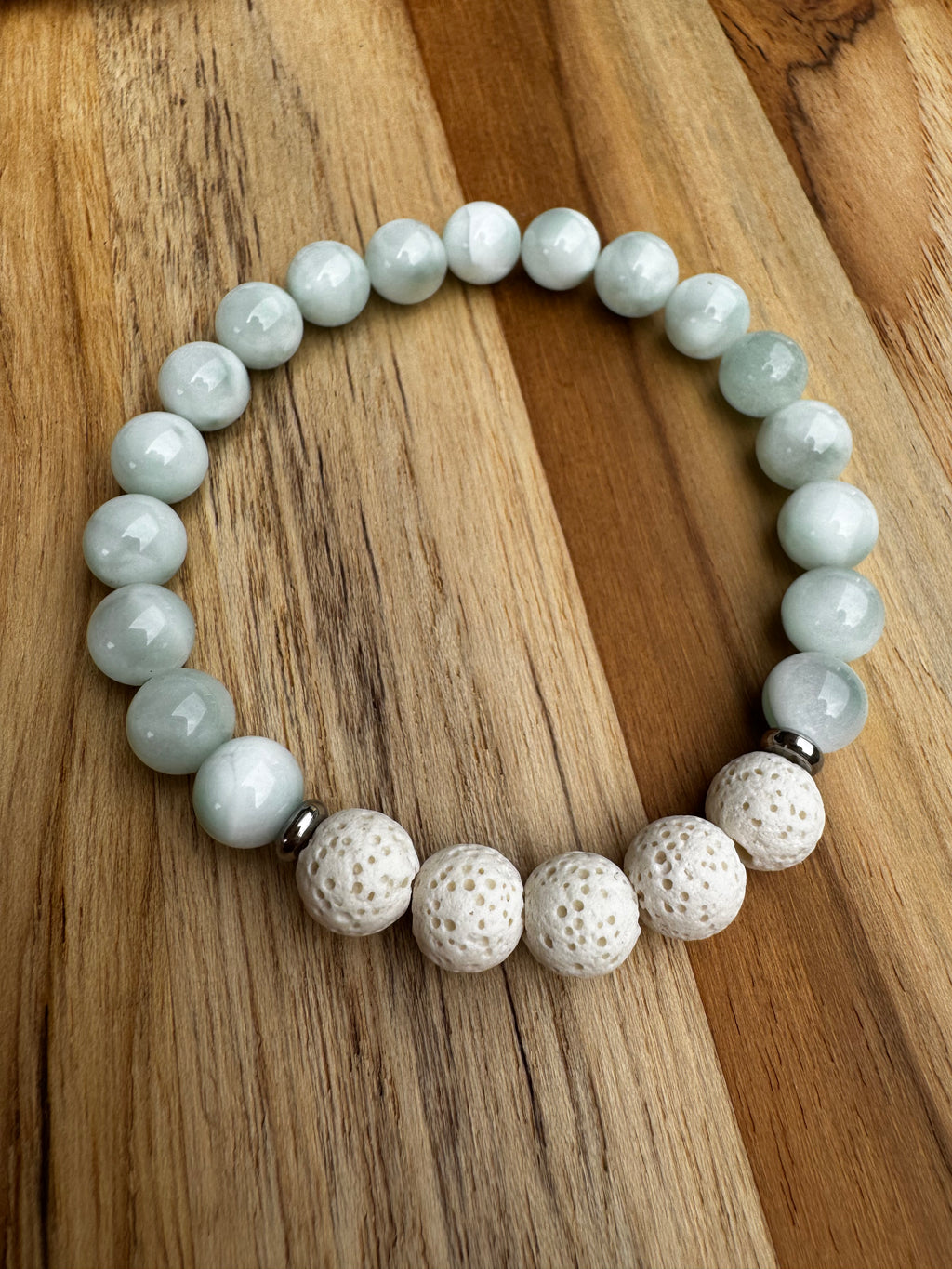 Mint Green Moonstone Aromatherapy Stretch Bracelet with Lava Stone ~ 7”