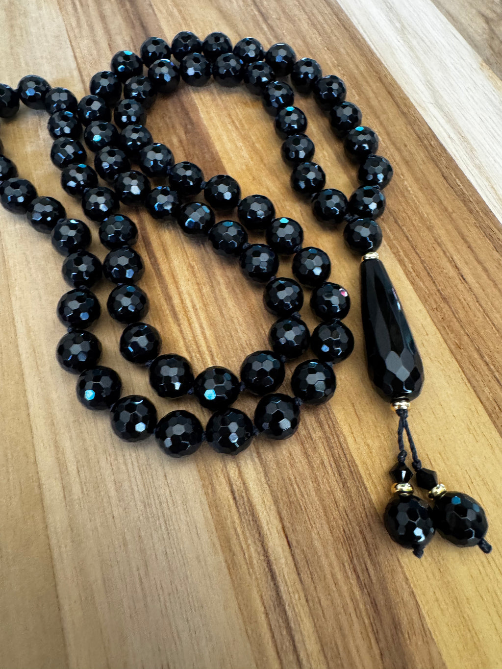 Long Multi-faceted Individually Hand Knotted Black Onyx Necklace