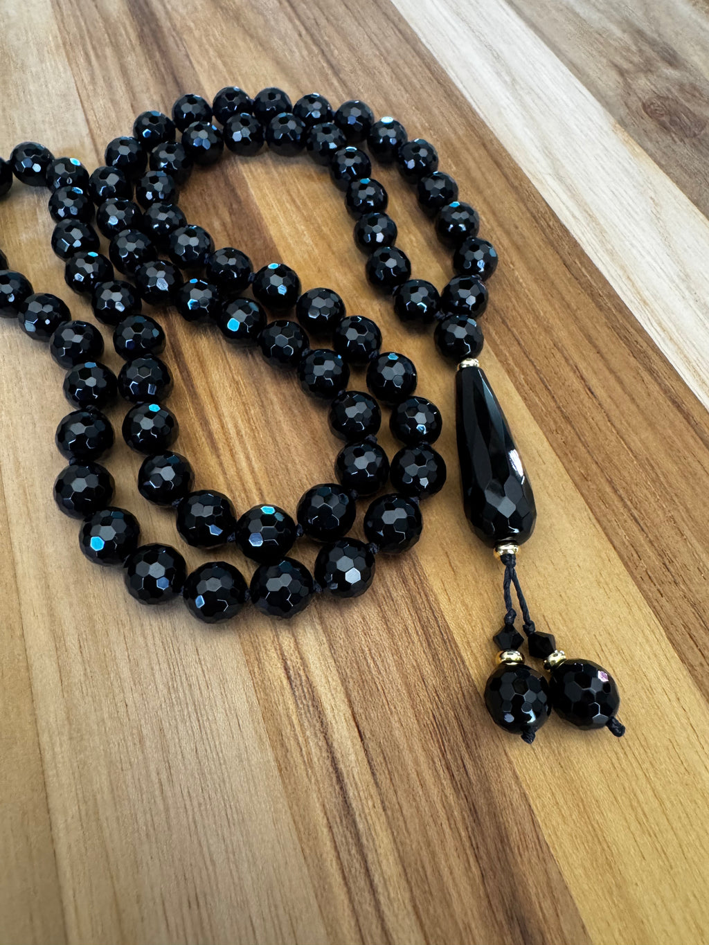 Long Multi-faceted Individually Hand Knotted Black Onyx Necklace
