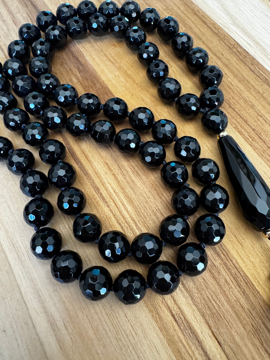 Long Multi-faceted Individually Hand Knotted Black Onyx Necklace