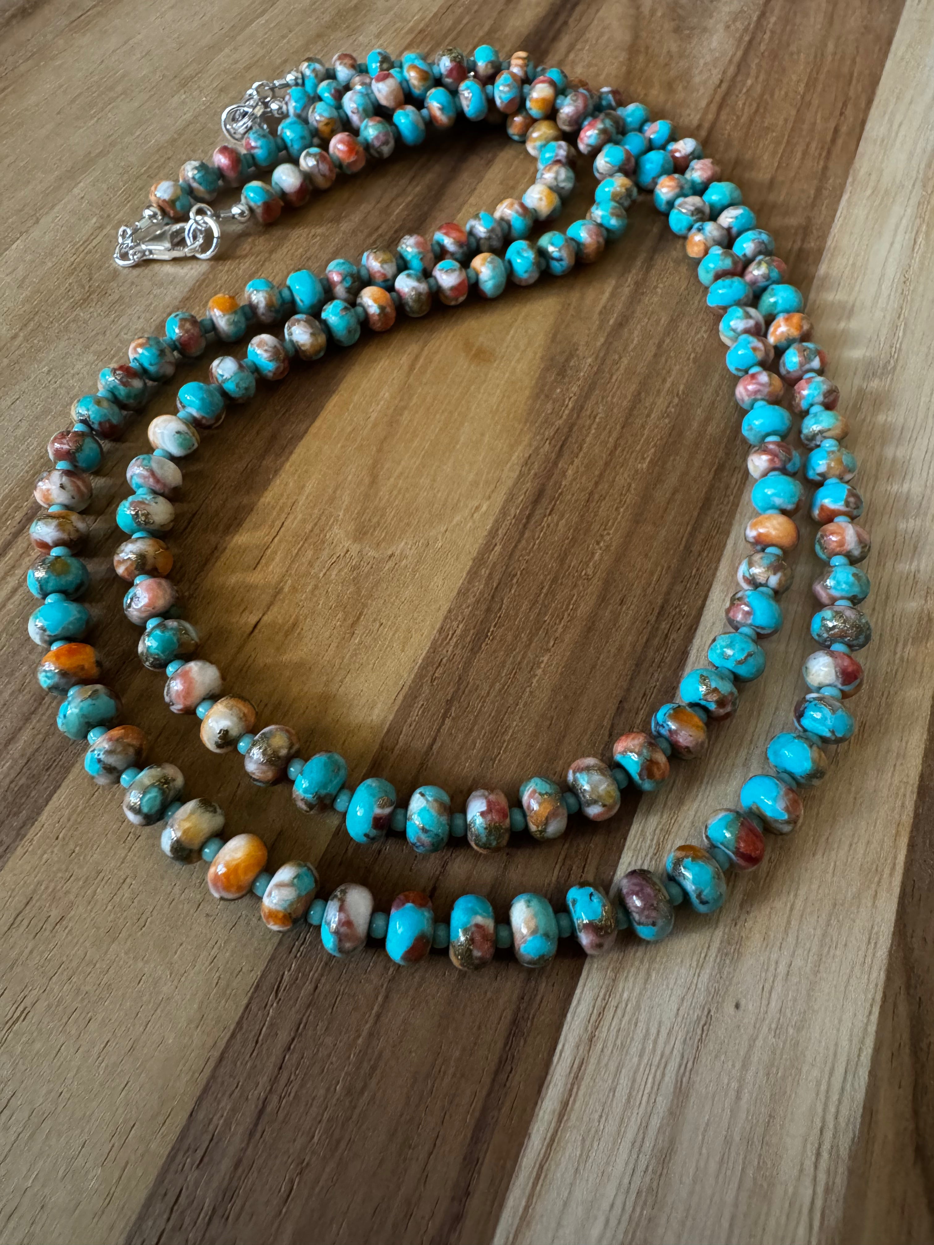 18” Spiny Oyster Mojave Copper Turquoise Necklace ~ Sterling Silver