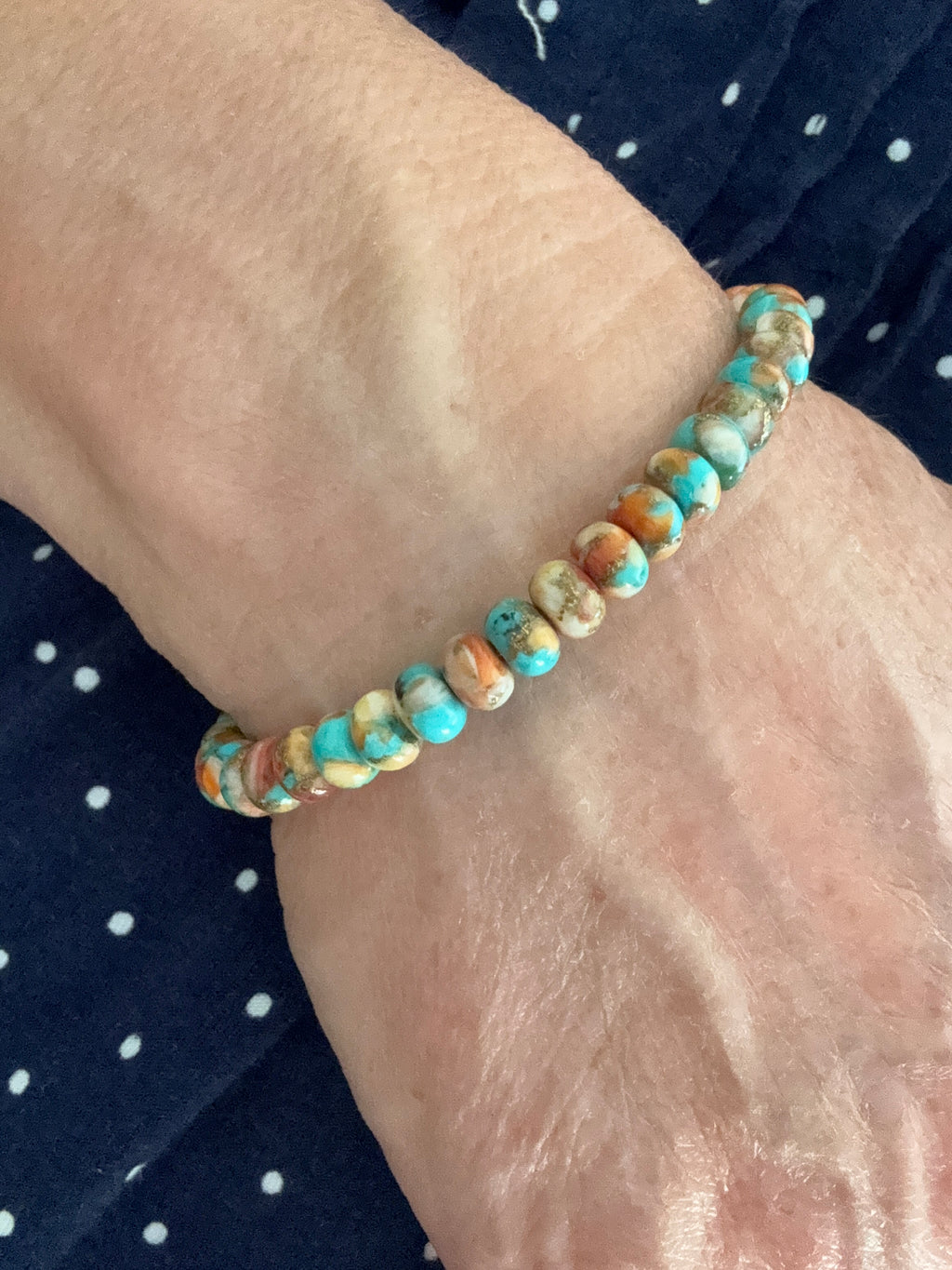 Spiny Oyster Mojave Copper Turquoise Beaded Stretch Bracelet ~ 7”