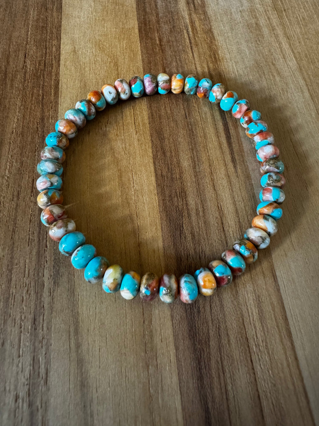 Spiny Oyster Mojave Copper Turquoise Beaded Stretch Bracelet ~ 7”