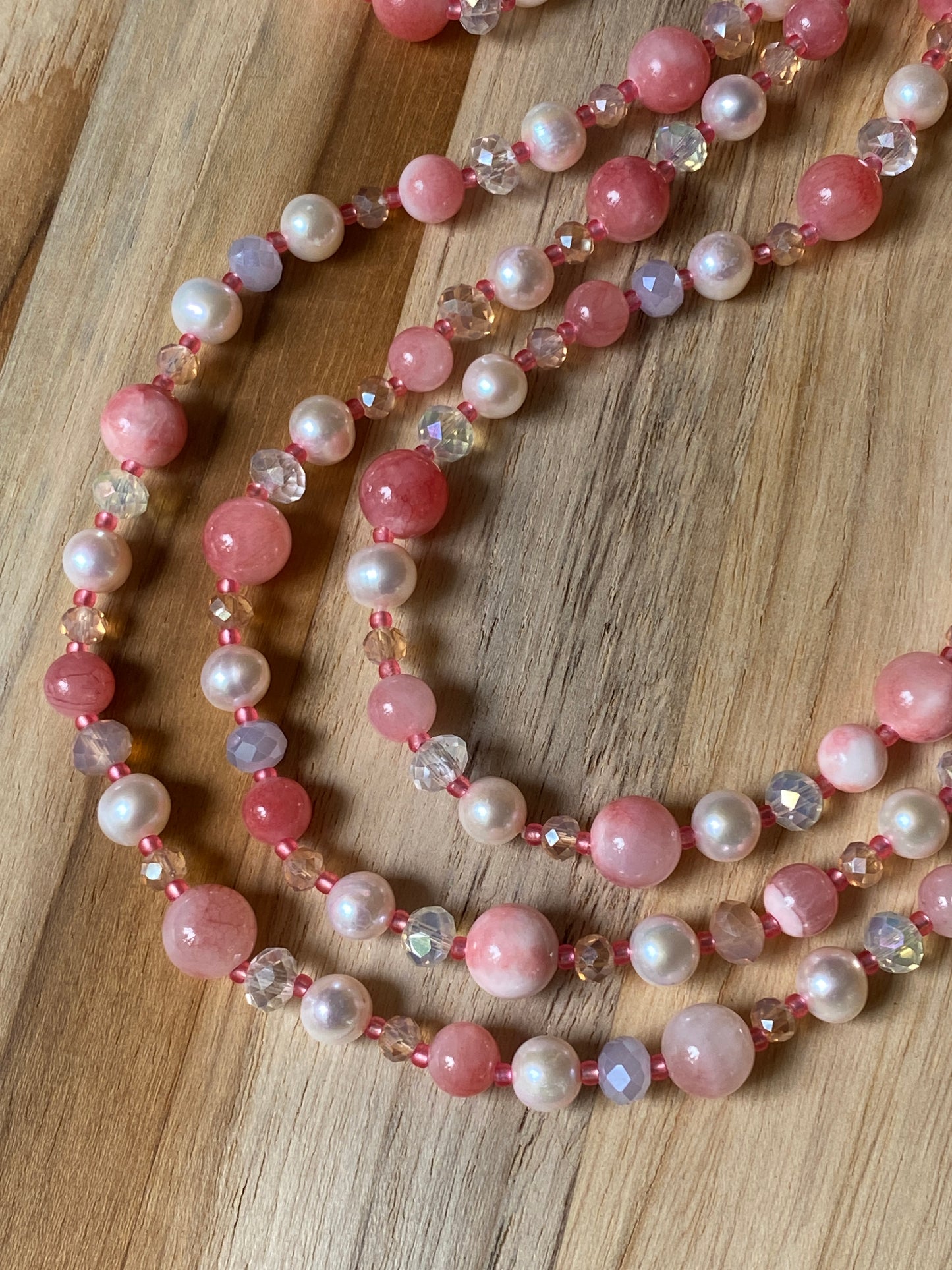 Extra Long Wraparound Pink/Peach Chalcedony Necklace with Pearl and Crystal Beads