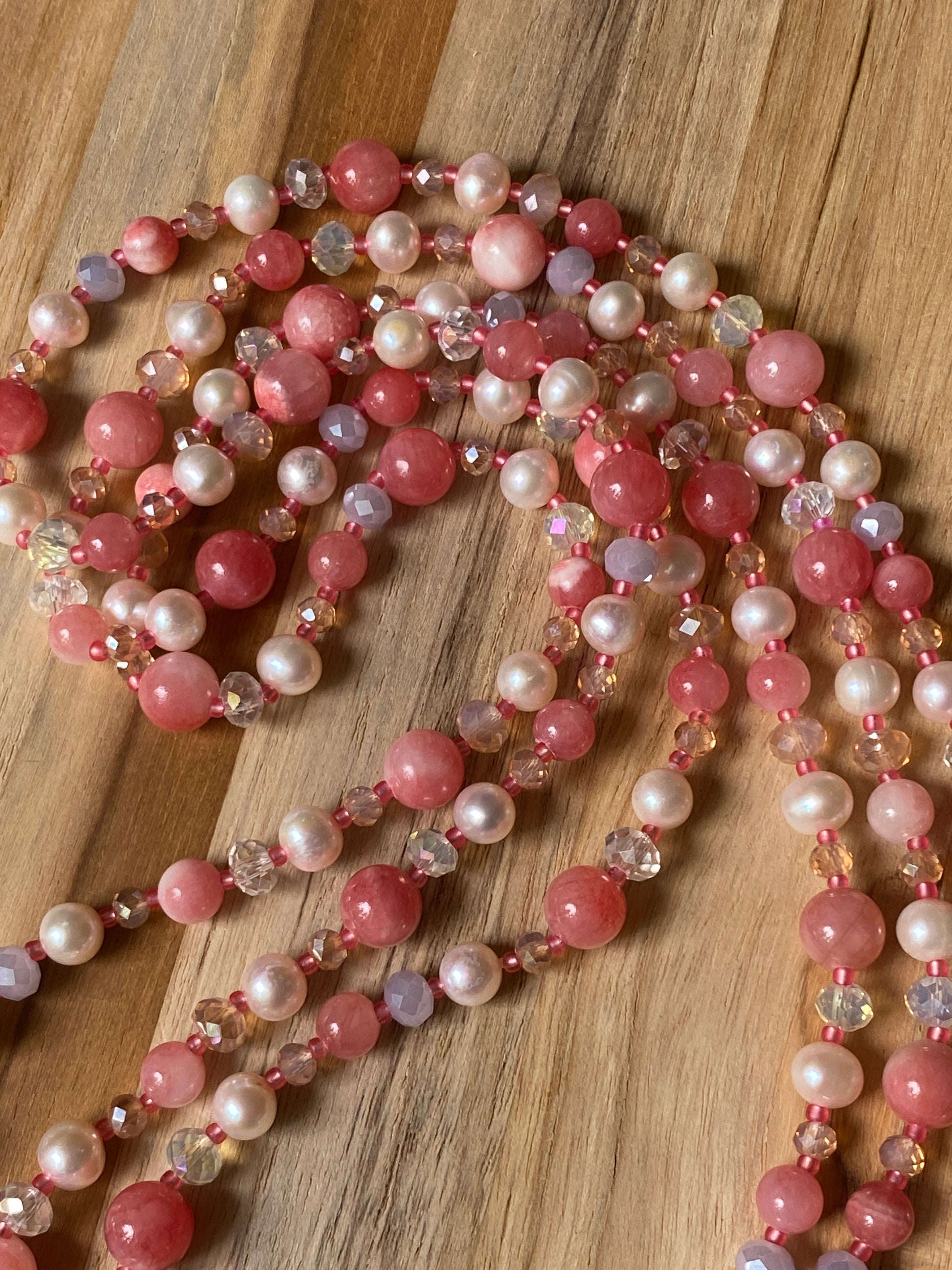 60" Extra Long Wraparound Style Pink/Peach Chalcedony Necklace with Pearl and Crystal Beads - My Urban Gems