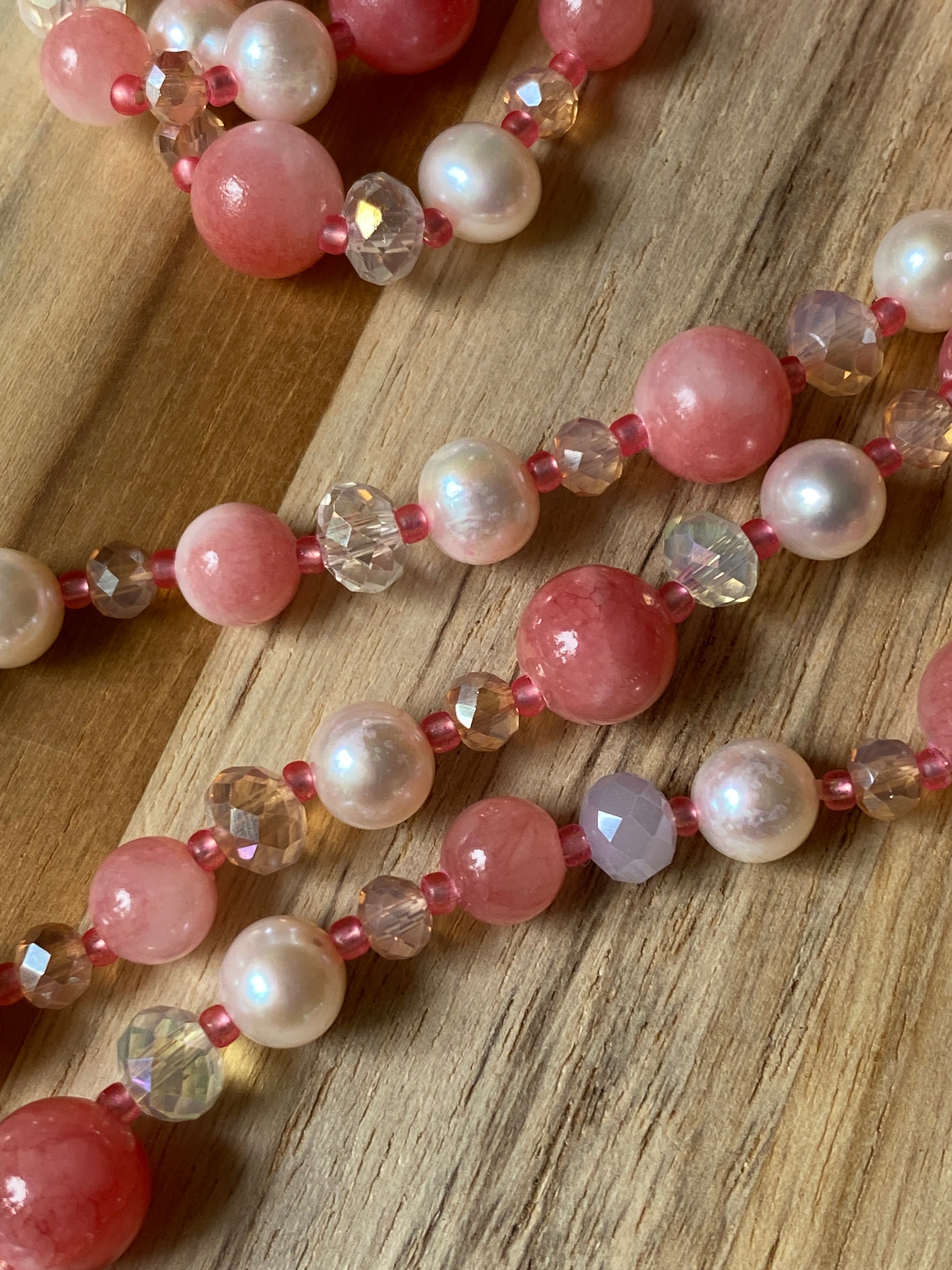 60" Extra Long Wraparound Style Pink/Peach Chalcedony Necklace with Pearl and Crystal Beads - My Urban Gems