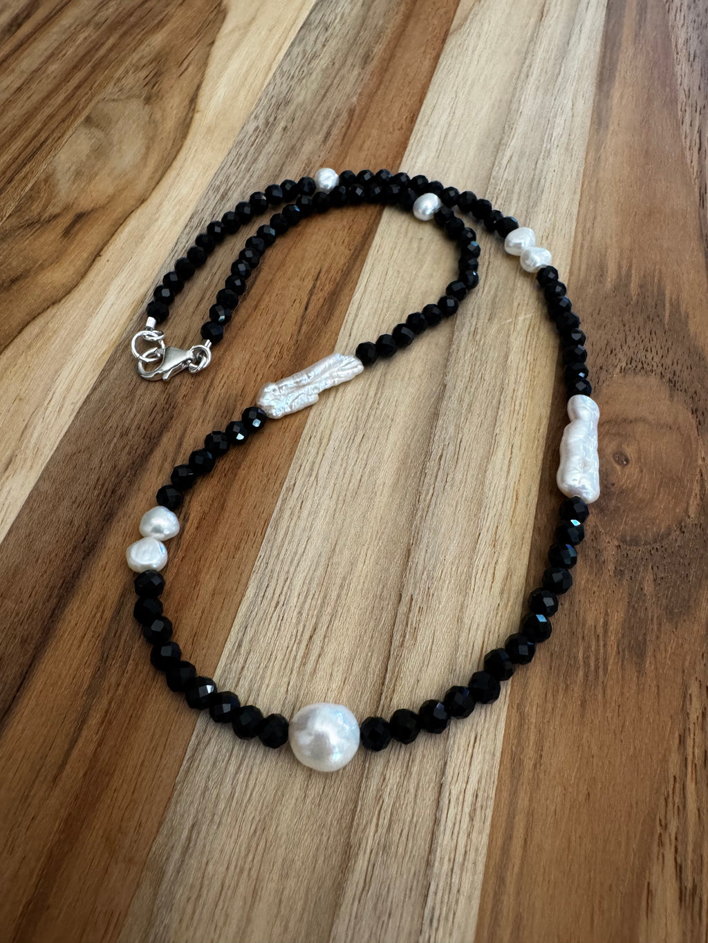 Dainty 16” Faceted Black Tourmaline Necklace with Freshwater Pearls ~ Sterling Silver