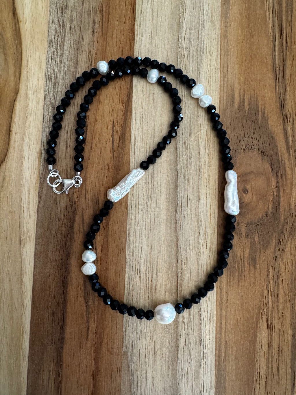 Dainty 16” Faceted Black Tourmaline Necklace with Freshwater Pearls ~ Sterling Silver