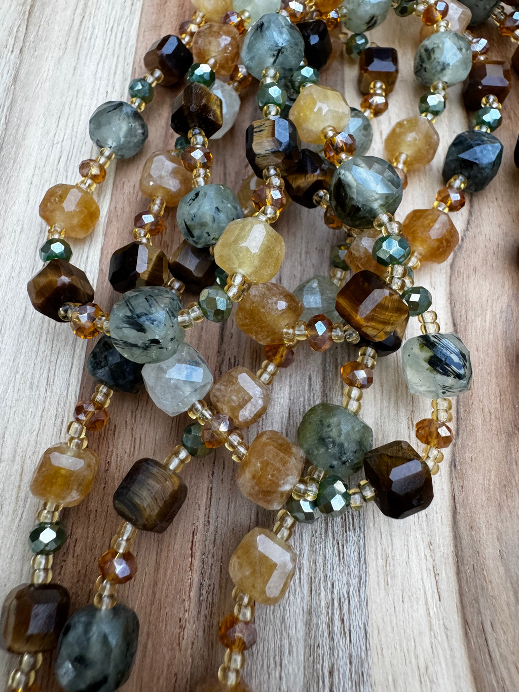 Extra Long Wraparound Layering Necklace with Prehnite Yellow Jade Tigereye and Crystal Beads
