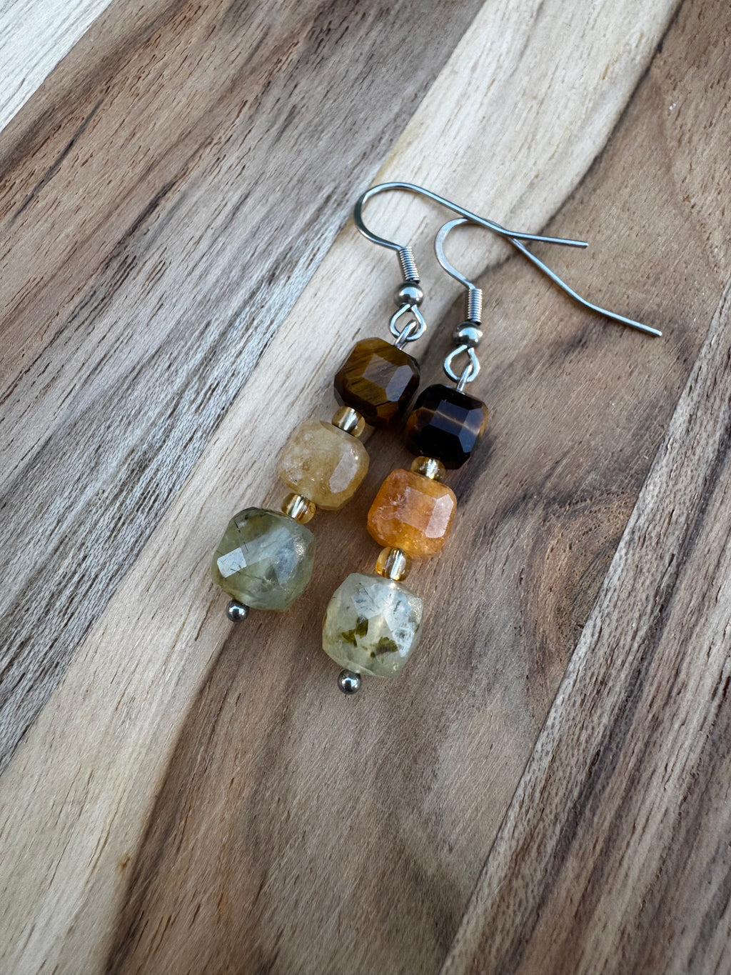 Dangle Gemstone Earrings with Prehnite Yellow Jade and Tigereye Faceted Cubes ~ Stainless Steel