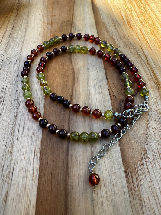 Dainty 16” Red Garnet Orange Hessonite Garnet and Green Peridot Beaded Necklace ~ Stainless steel