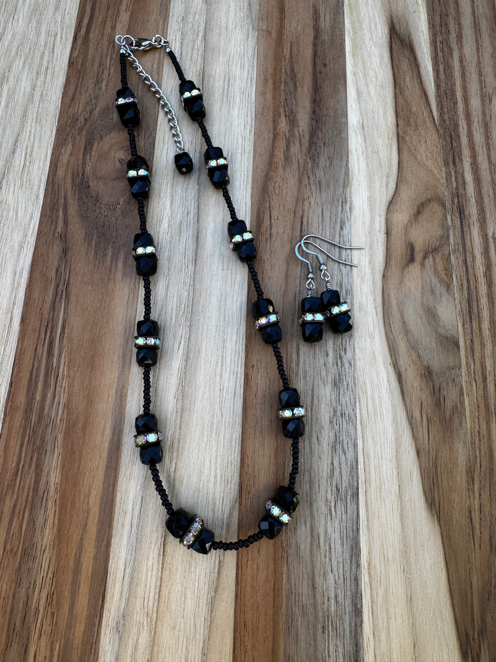 16” Black Faceted Obsidian Cube Gemstone Beaded Necklace with Crystal Rondelles ~ Stainless Steel