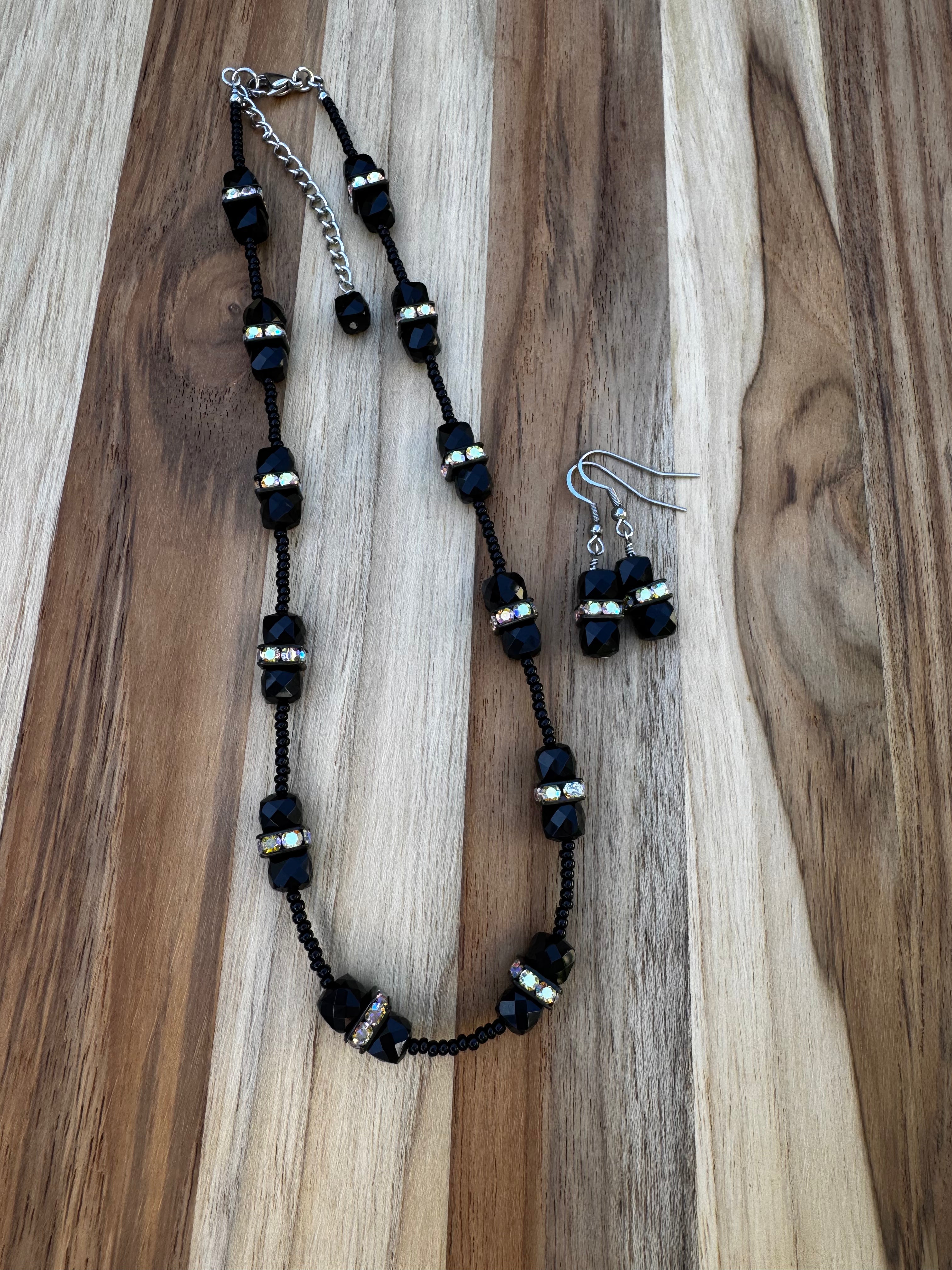 16” Black Faceted Obsidian Cube Gemstone Beaded Necklace with Crystal Rondelles ~ Stainless Steel