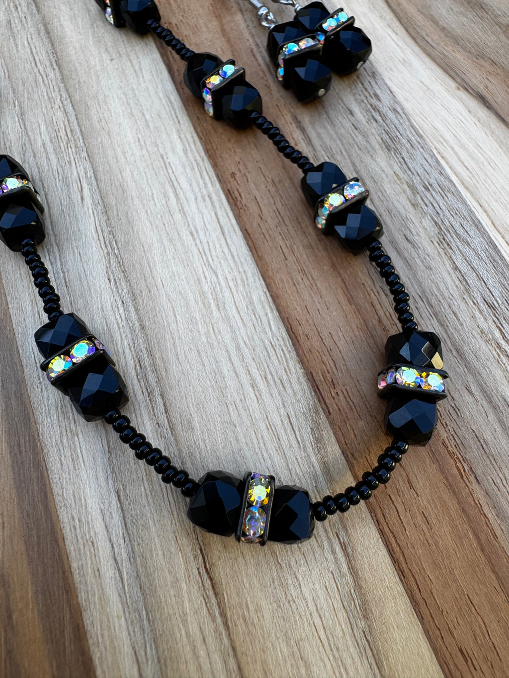 16” Black Faceted Obsidian Cube Gemstone Beaded Necklace with Crystal Rondelles ~ Stainless Steel