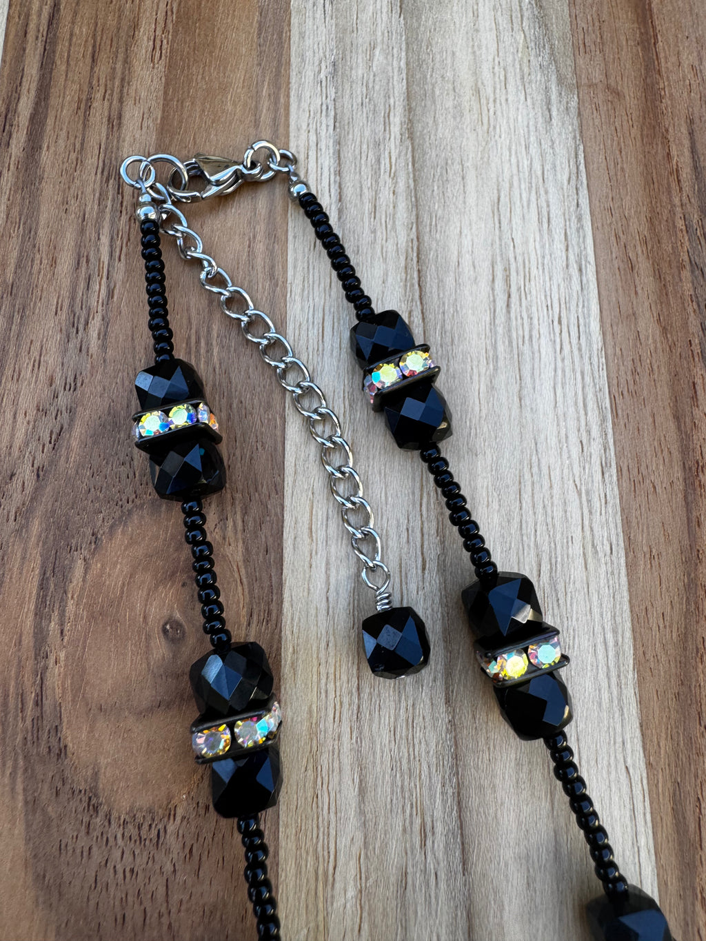 16” Black Faceted Obsidian Cube Gemstone Beaded Necklace with Crystal Rondelles ~ Stainless Steel