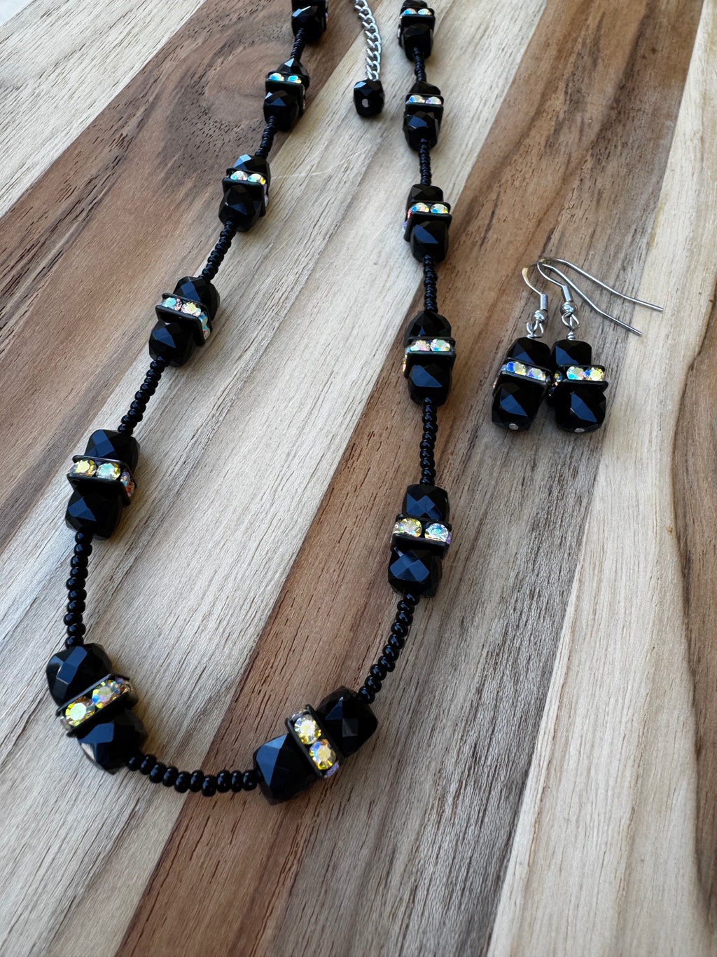 16” Black Faceted Obsidian Cube Gemstone Beaded Necklace with Crystal Rondelles ~ Stainless Steel
