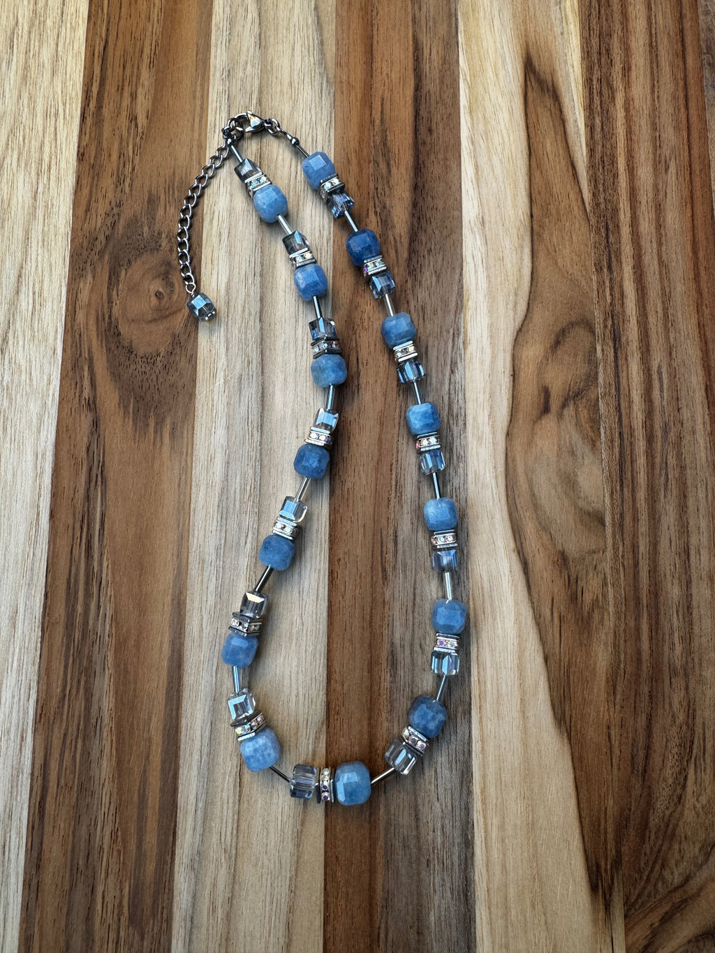 Sky Blue Candy Cube Quartz Necklace with Crystal Rondelles and Crystal Beads ~ Stainless Steel