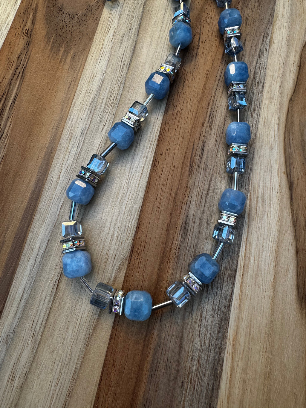 Sky Blue Candy Cube Quartz Necklace with Crystal Rondelles and Crystal Beads ~ Stainless Steel